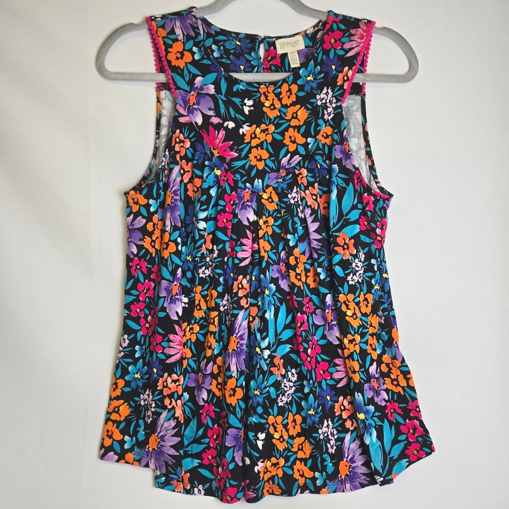 Greige‎ Sleeveless Floral Pintuck Top Black Colorful Bright Summer Spring Medium